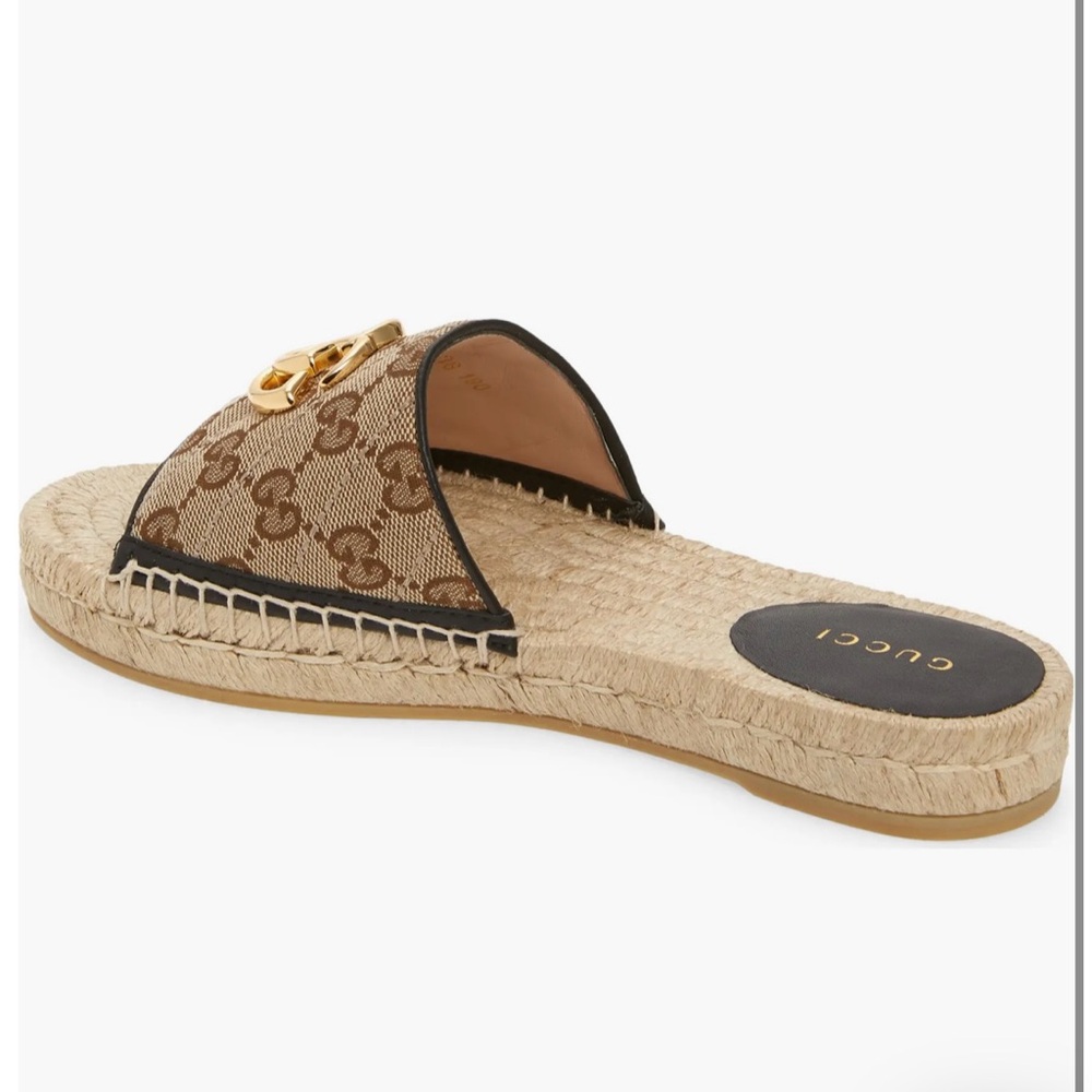 Gucci Brown Monogram Espadrille Slide Sandal with Gold Double G - Picture 2 of 9